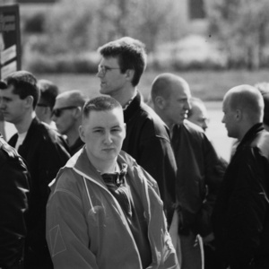 Der Neonazi und VS-Spitzel André Zimmermann bei einer NPD-Demonstration am 1. Mai 1996 in Berlin. Der Neonazi und VS-Spitzel André Zimmermann bei einer NPD-Demonstration am 1. Mai 1996 in Berlin.