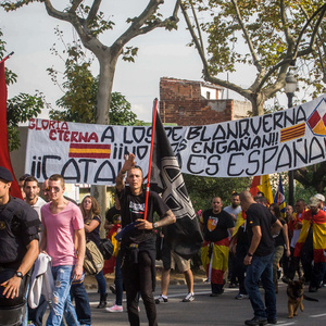 Die etwa 400 Teilnehmenden des Neonazi-Aufmarsches, die sich aus den Gruppen DN, Democracia Nacional Joven, AN, Division Europa, La Falange, Frente x España und NPE zusammensetzen, verteilten sich auf der Demonstration in vier fast gleich große Blöcke, was nicht nur der Sichtbarmachung der einzelnen Gruppen diente, sondern in erster Linie Produkt interner Streitigkeiten ist.  Die etwa 400 Teilnehmenden des Neonazi-Aufmarsches, die sich aus den Gruppen DN, Democracia Nacional Joven, AN, Division Europa, La Falange, Frente x España und NPE zusammensetzen, verteilten sich auf der Demonstration in vier fast gleich große Blöcke, was nicht nur der Sichtbarmachung der einzelnen Gruppen diente, sondern in erster Linie Produkt interner Streitigkeiten ist.