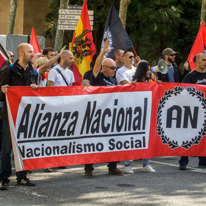 Die etwa 400 Teilnehmenden des Neonazi-Aufmarsches, die sich aus den Gruppen DN, Democracia Nacional Joven, AN, Division Europa, La Falange, Frente x España und NPE zusammensetzen, verteilten sich auf der Demonstration in vier fast gleich große Blöcke, was nicht nur der Sichtbarmachung der einzelnen Gruppen diente, sondern in erster Linie Produkt interner Streitigkeiten ist.  Die etwa 400 Teilnehmenden des Neonazi-Aufmarsches, die sich aus den Gruppen DN, Democracia Nacional Joven, AN, Division Europa, La Falange, Frente x España und NPE zusammensetzen, verteilten sich auf der Demonstration in vier fast gleich große Blöcke, was nicht nur der Sichtbarmachung der einzelnen Gruppen diente, sondern in erster Linie Produkt interner Streitigkeiten ist.