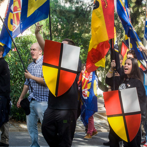 Die etwa 400 Teilnehmenden des Neonazi-Aufmarsches, die sich aus den Gruppen DN, Democracia Nacional Joven, AN, Division Europa, La Falange, Frente x España und NPE zusammensetzen, verteilten sich auf der Demonstration in vier fast gleich große Blöcke, was nicht nur der Sichtbarmachung der einzelnen Gruppen diente, sondern in erster Linie Produkt interner Streitigkeiten ist.  Die etwa 400 Teilnehmenden des Neonazi-Aufmarsches, die sich aus den Gruppen DN, Democracia Nacional Joven, AN, Division Europa, La Falange, Frente x España und NPE zusammensetzen, verteilten sich auf der Demonstration in vier fast gleich große Blöcke, was nicht nur der Sichtbarmachung der einzelnen Gruppen diente, sondern in erster Linie Produkt interner Streitigkeiten ist.